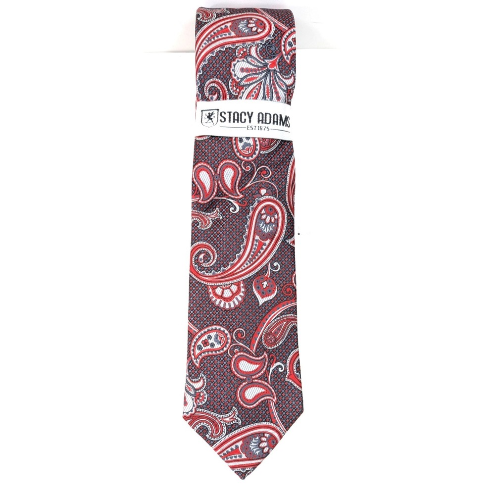 Stacy Adams Men's Tie & Hanky Burgundy Charcoal Gray Silver Paisley 3.25" Wide